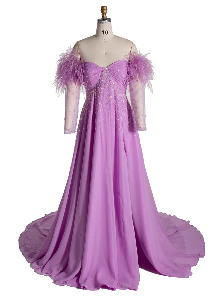 Elegant Off Shoulder Maternity Dresses for Baby Shower Long Sheer Sleeve with Ostrich Feather YW240522