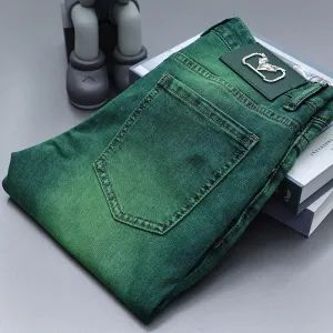 Emerald green jeans green trousers green pants high-end  luxury slim fit stretch straight long pants
