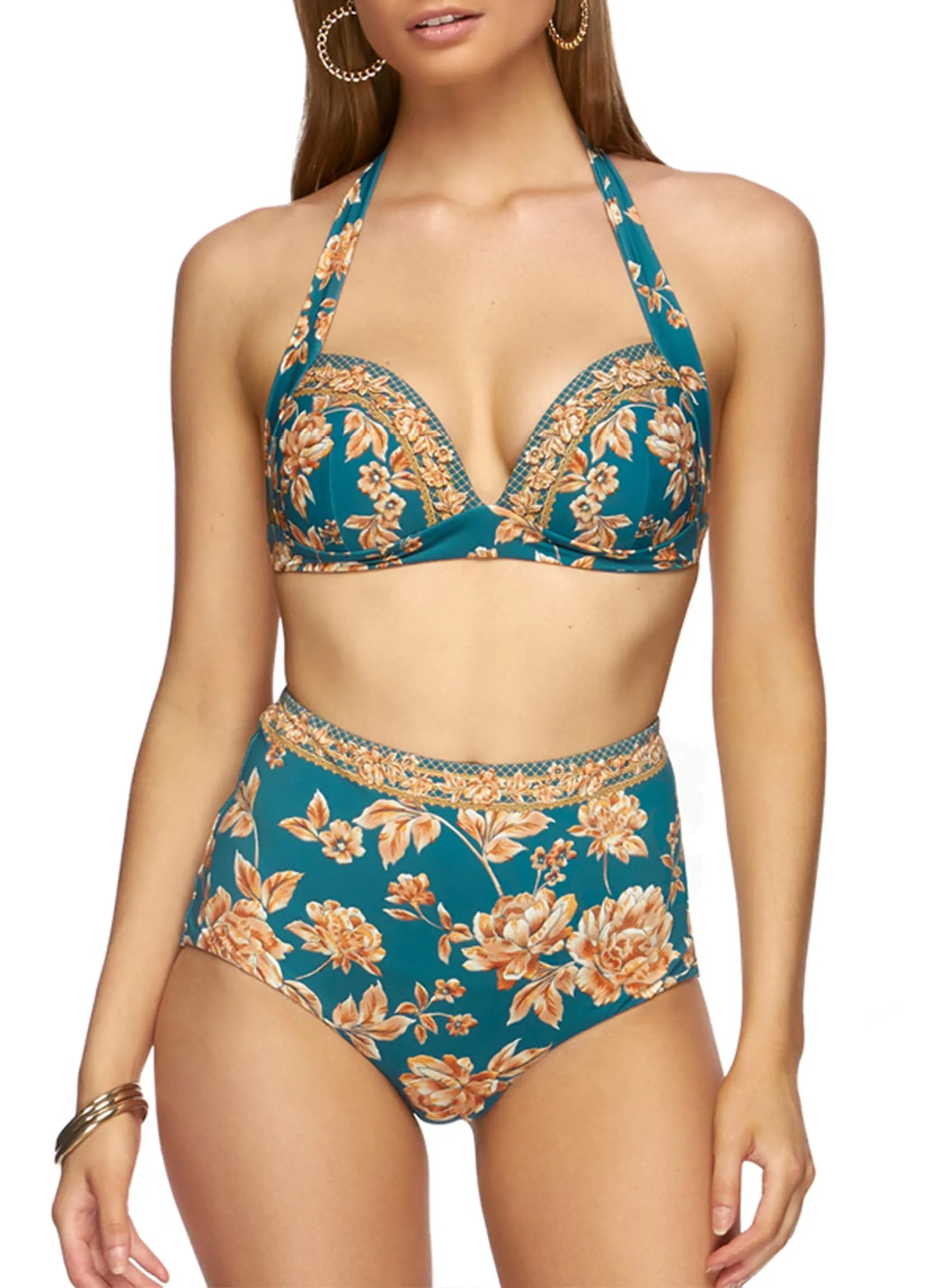 Enchantment High Waist Bikini Pants - Teal Floral