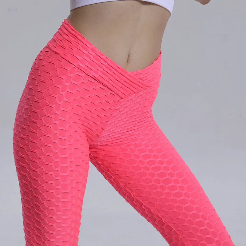Europe Bubble Jacquard Long Pants High Waist Hip-Flattering Fitness Sport Cross VYoga Women Activewear