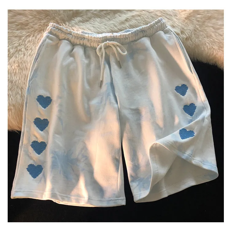 Europe Embroidery Dye Heart Shaped Summer Shorts Women Student Cargo Straight Loose Sporty Bermuda Shorts