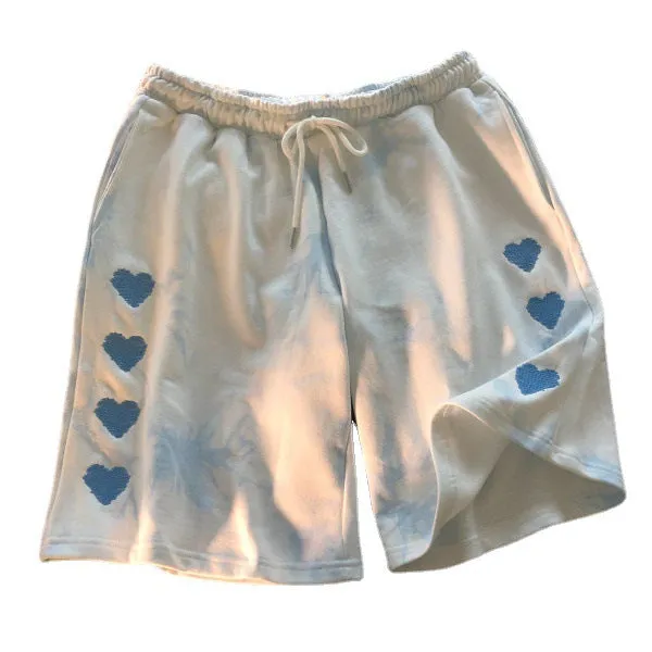 Europe Embroidery Dye Heart Shaped Summer Shorts Women Student Cargo Straight Loose Sporty Bermuda Shorts