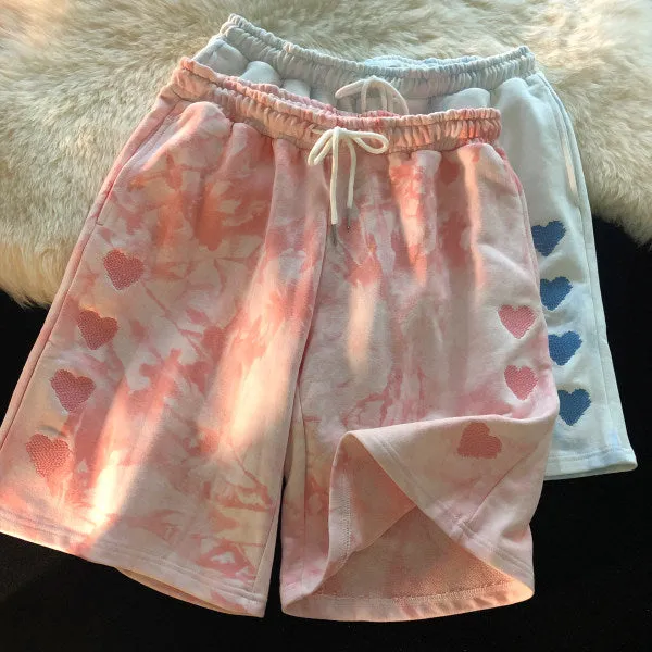 Europe Embroidery Dye Heart Shaped Summer Shorts Women Student Cargo Straight Loose Sporty Bermuda Shorts