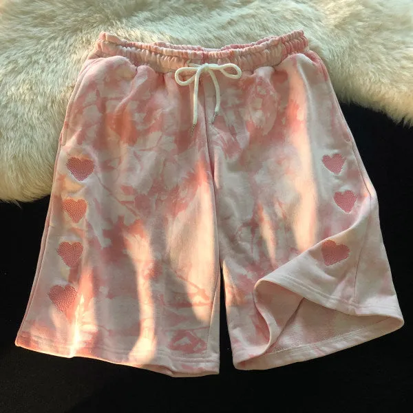 Europe Embroidery Dye Heart Shaped Summer Shorts Women Student Cargo Straight Loose Sporty Bermuda Shorts