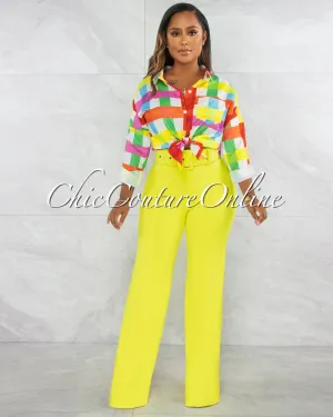 *Faina Lime Green Belt High Waist Palazzo Pants
