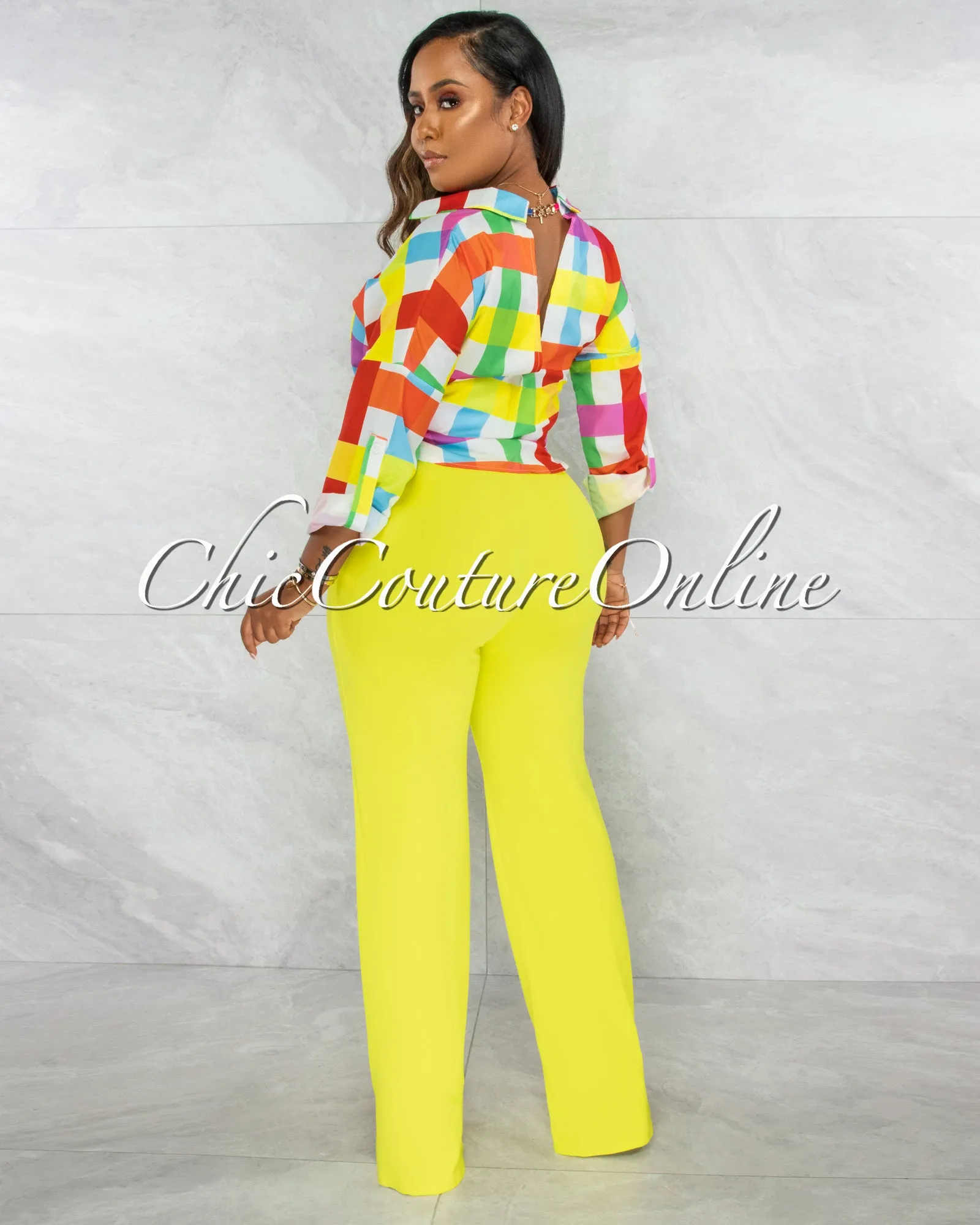 *Faina Lime Green Belt High Waist Palazzo Pants