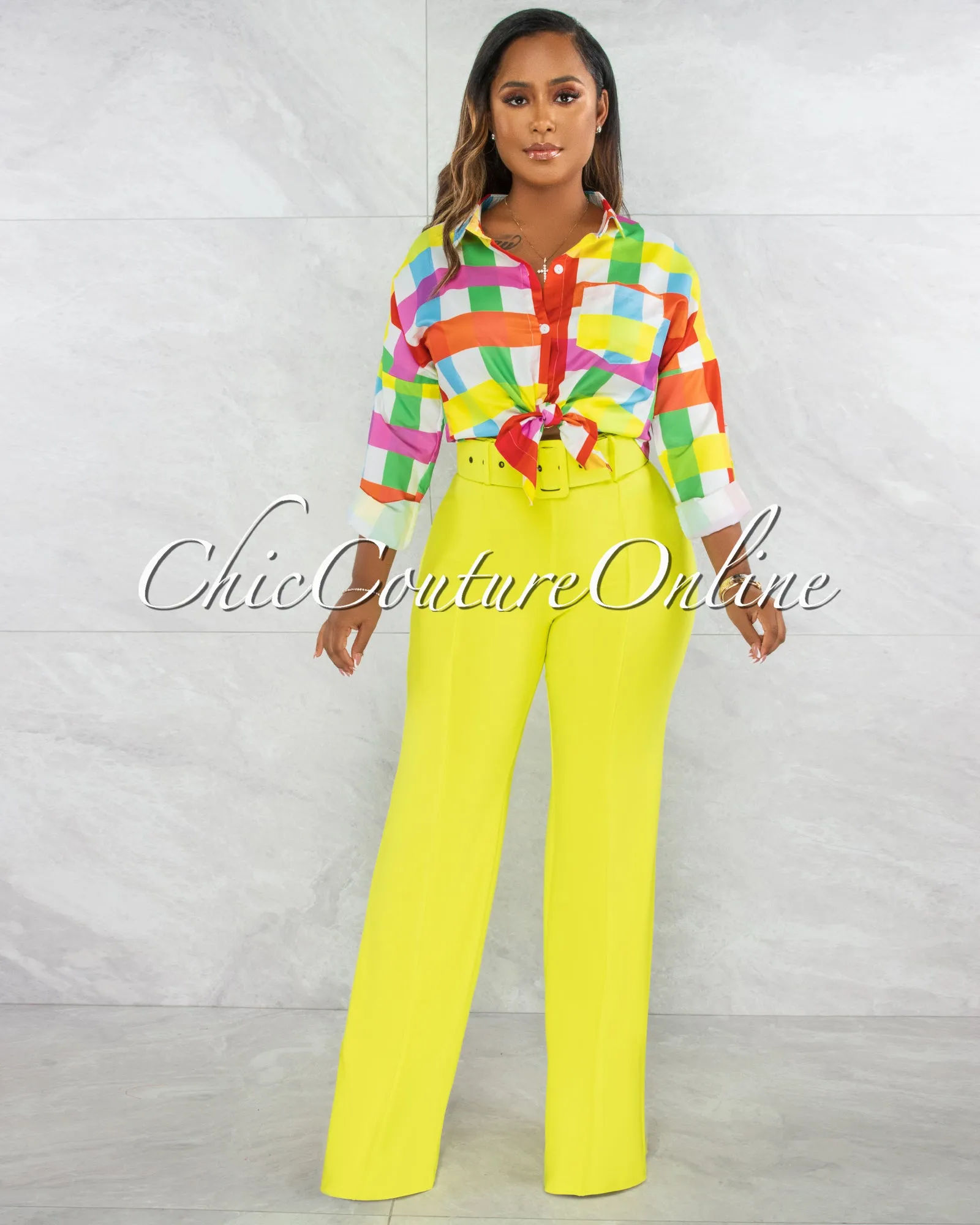 *Faina Lime Green Belt High Waist Palazzo Pants