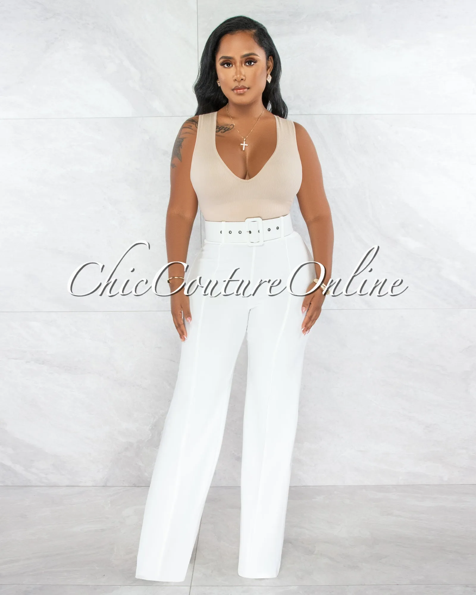 *Faina Off-White Belt High Waist Palazzo Pants