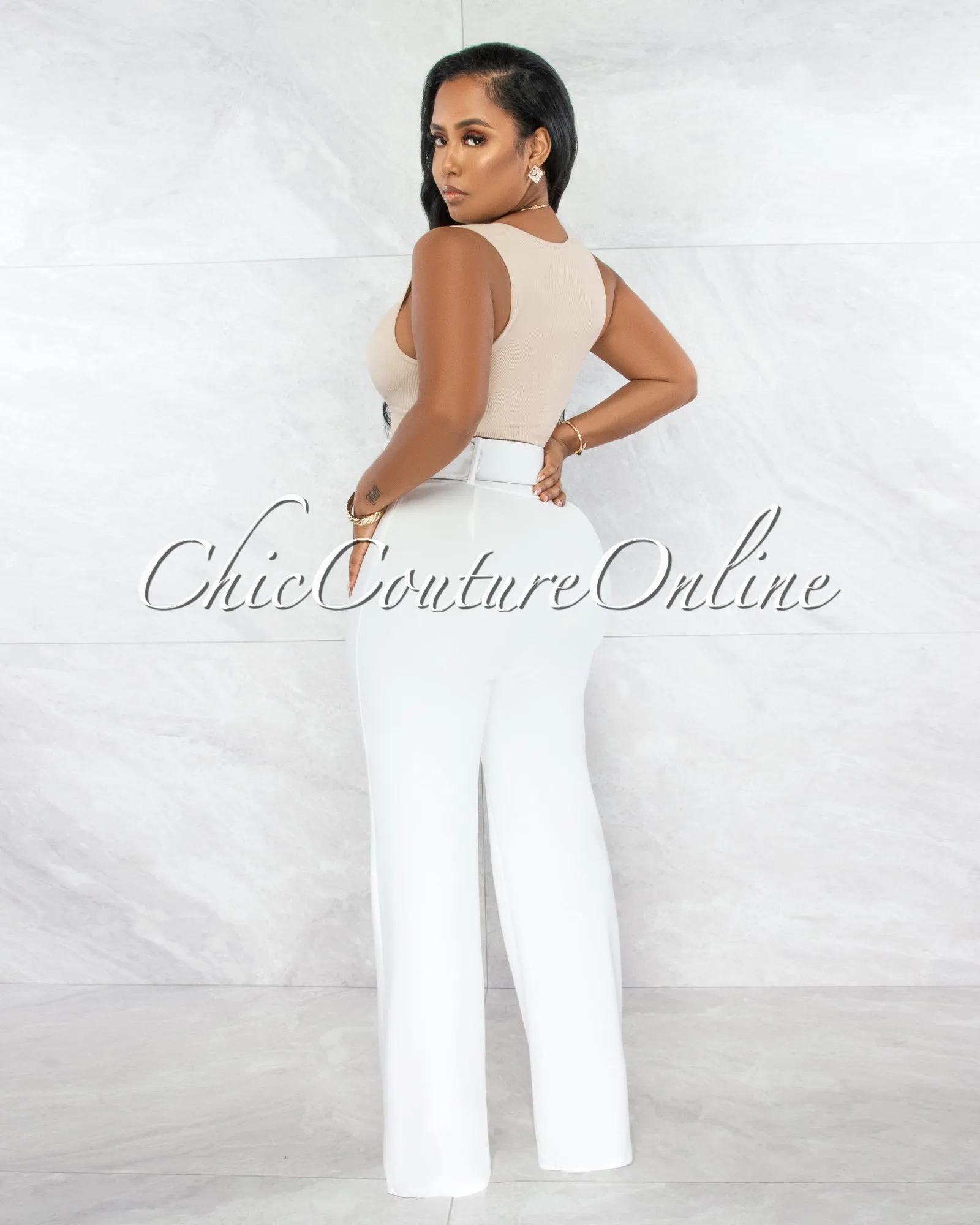 *Faina Off-White Belt High Waist Palazzo Pants