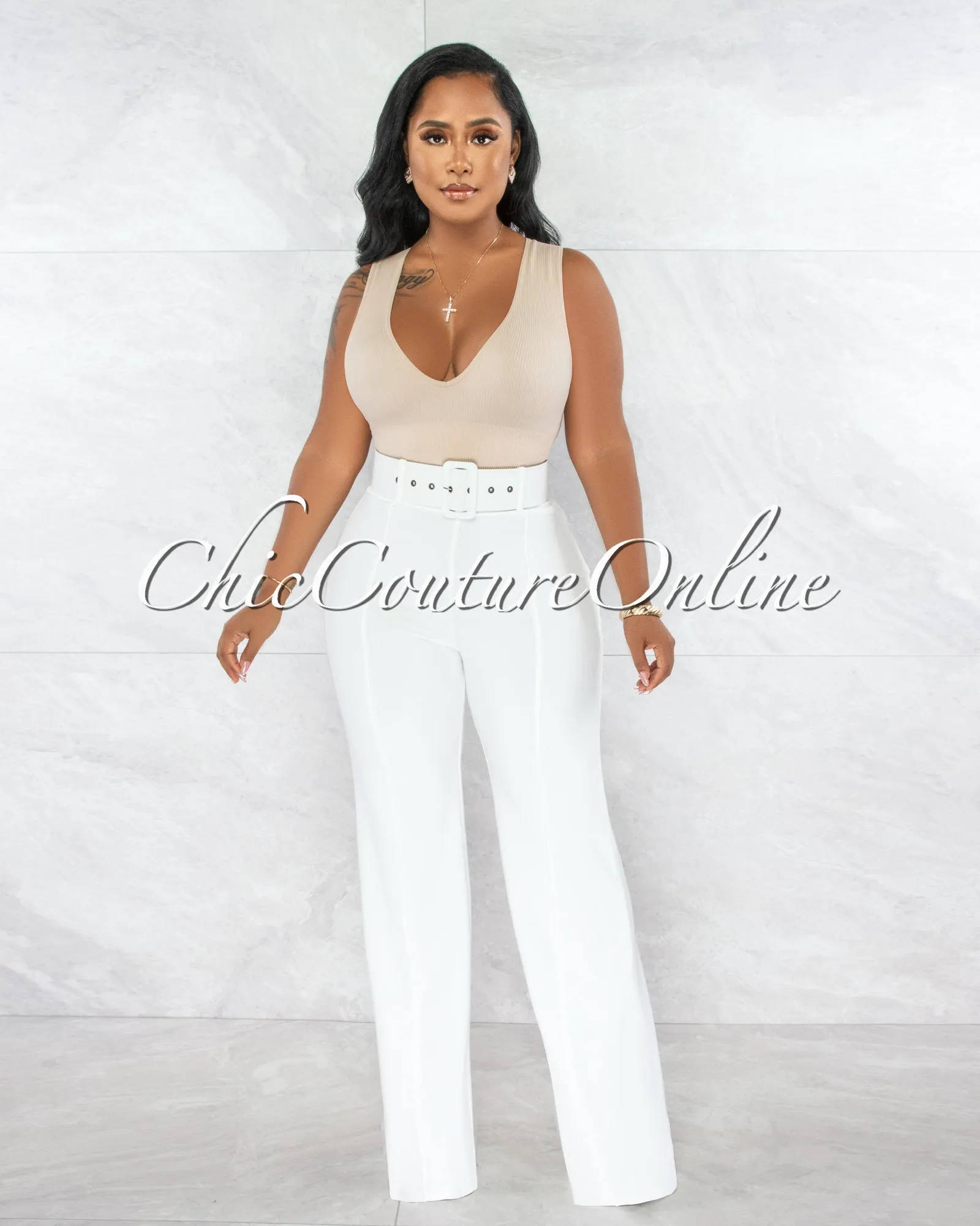 *Faina Off-White Belt High Waist Palazzo Pants