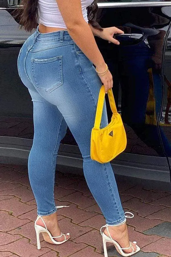 Fashion Print Buttons High Waist Denim Pants