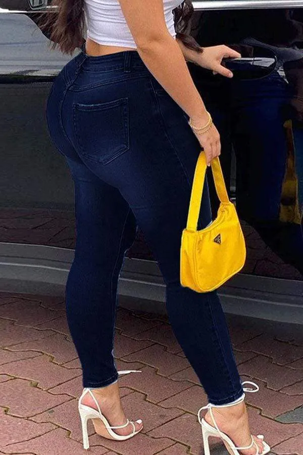 Fashion Print Buttons High Waist Denim Pants