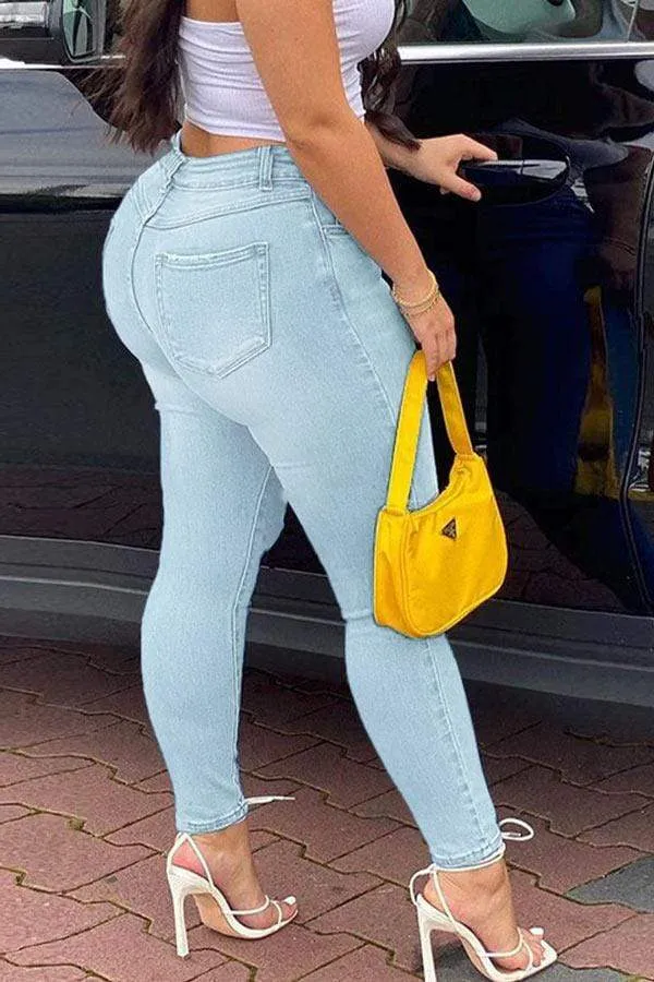 Fashion Print Buttons High Waist Denim Pants