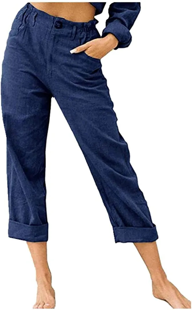 FashionSierra - Linen Buttons Cropped Pants High Elastic Waist Stretch Capris Casual Work Crop Pants