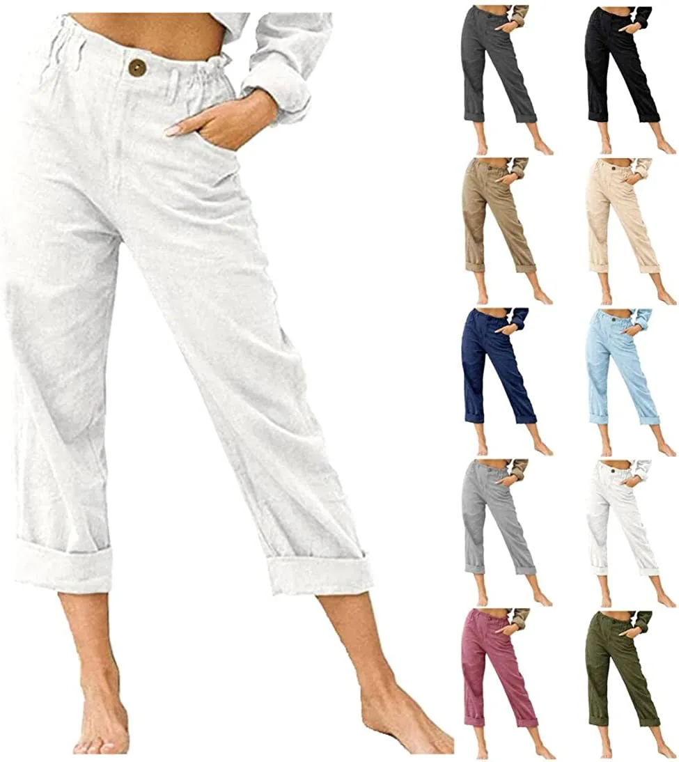 FashionSierra - Linen Buttons Cropped Pants High Elastic Waist Stretch Capris Casual Work Crop Pants