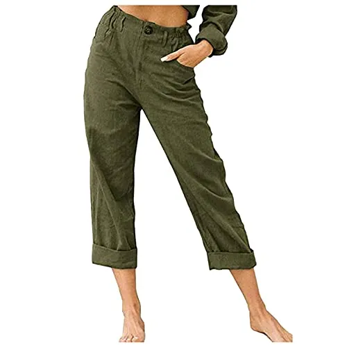 FashionSierra - Linen Buttons Cropped Pants High Elastic Waist Stretch Capris Casual Work Crop Pants