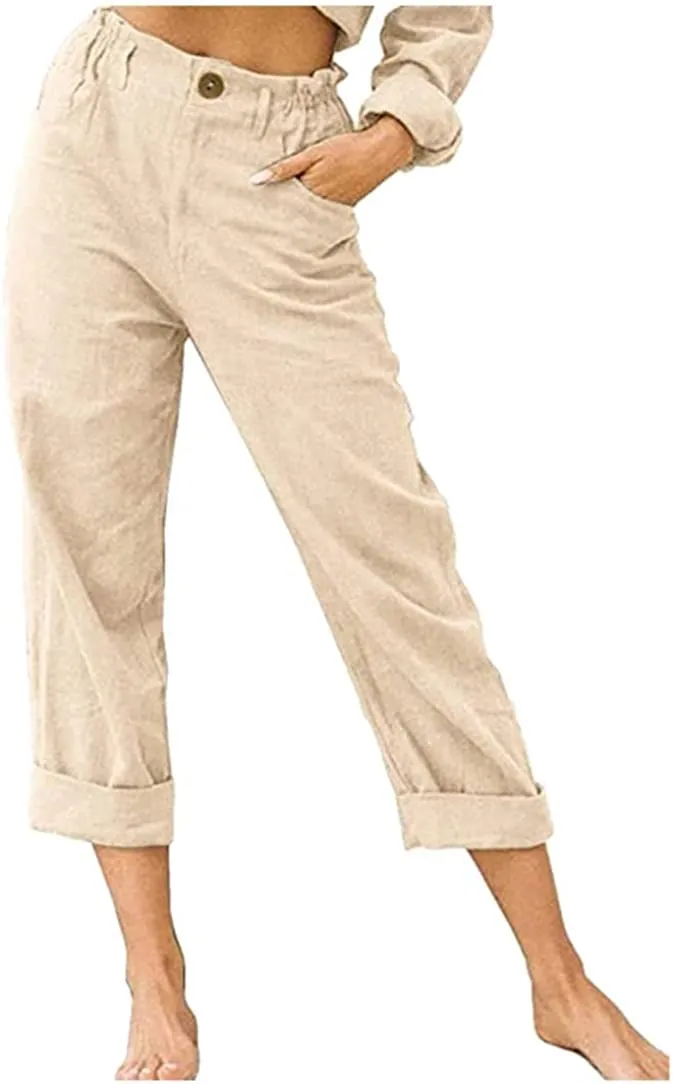 FashionSierra - Linen Buttons Cropped Pants High Elastic Waist Stretch Capris Casual Work Crop Pants