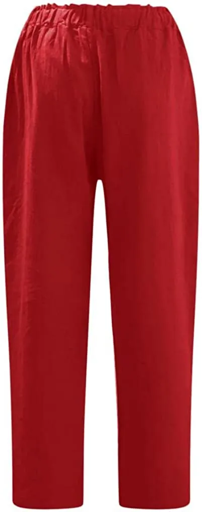 FashionSierra - Linen Buttons Cropped Pants High Elastic Waist Stretch Capris Casual Work Crop Pants