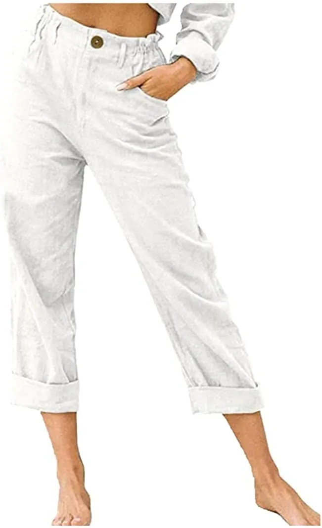 FashionSierra - Linen Buttons Cropped Pants High Elastic Waist Stretch Capris Casual Work Crop Pants