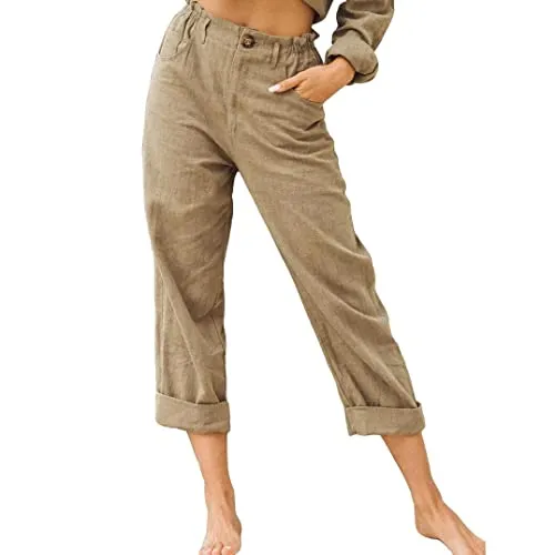 FashionSierra - Linen Buttons Cropped Pants High Elastic Waist Stretch Capris Casual Work Crop Pants