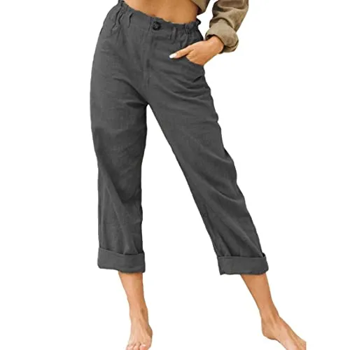 FashionSierra - Linen Buttons Cropped Pants High Elastic Waist Stretch Capris Casual Work Crop Pants