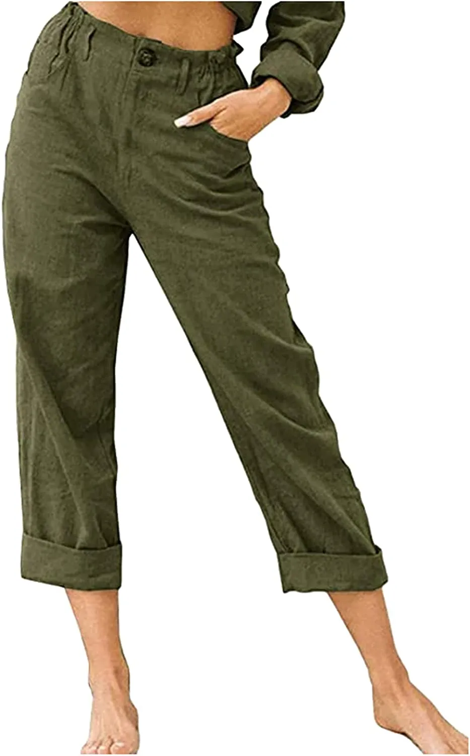 FashionSierra - Linen Buttons Cropped Pants High Elastic Waist Stretch Capris Casual Work Crop Pants