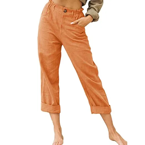 FashionSierra - Linen Buttons Cropped Pants High Elastic Waist Stretch Capris Casual Work Crop Pants