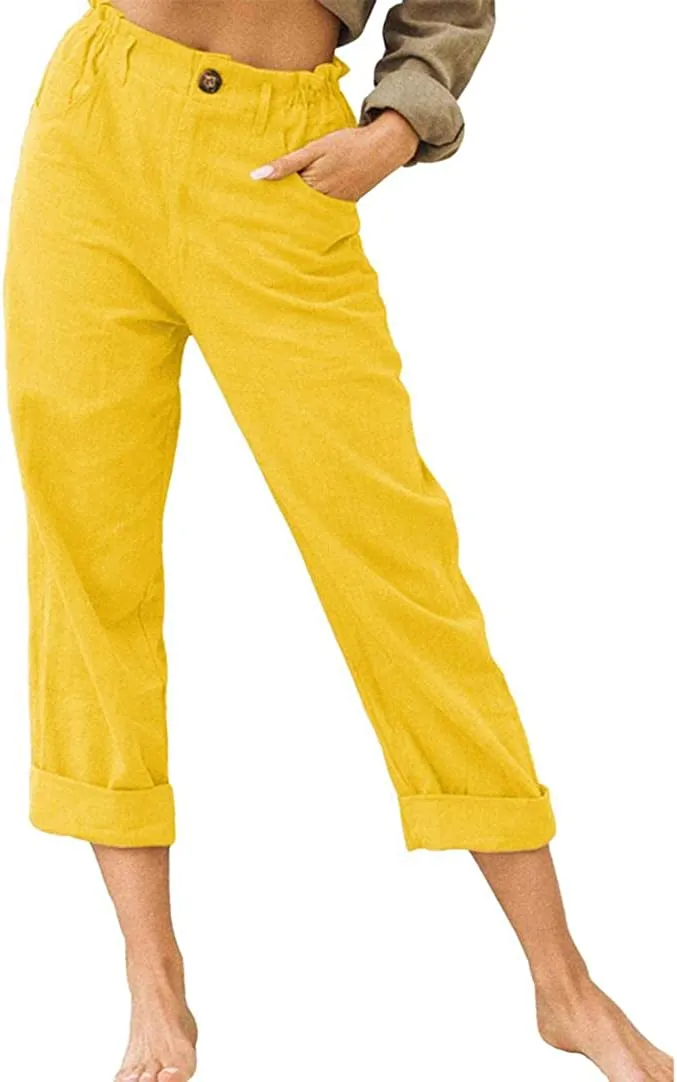 FashionSierra - Linen Buttons Cropped Pants High Elastic Waist Stretch Capris Casual Work Crop Pants