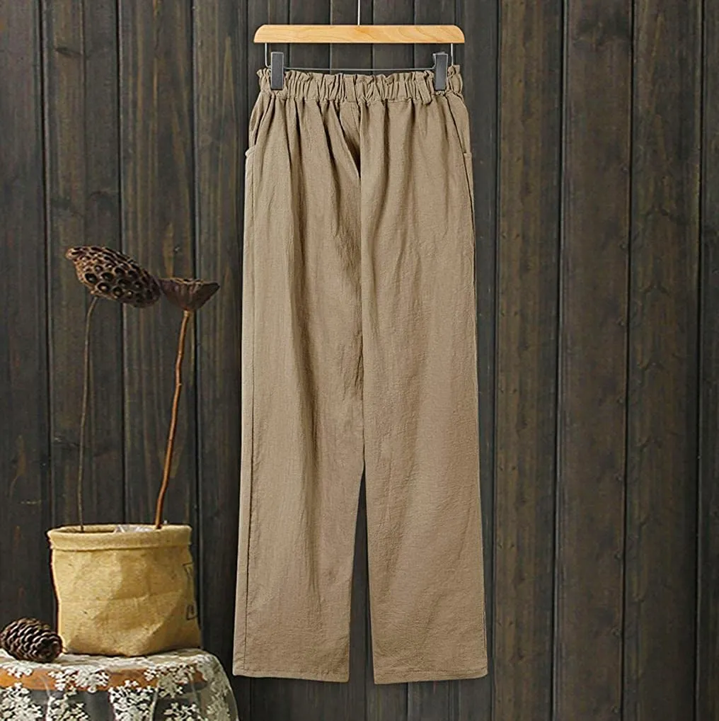 FashionSierra - Linen Buttons Cropped Pants High Elastic Waist Stretch Capris Casual Work Crop Pants
