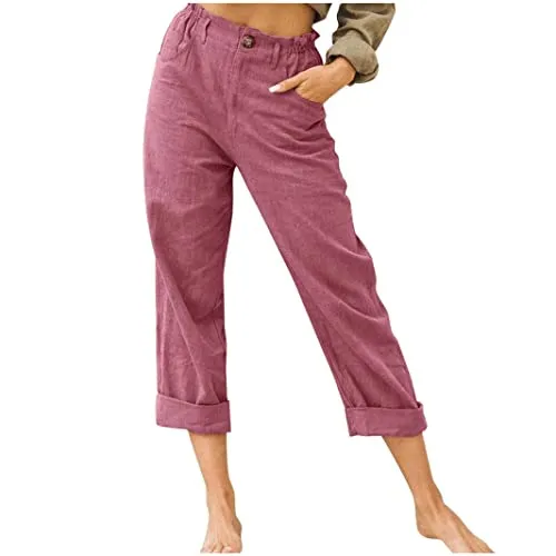FashionSierra - Linen Buttons Cropped Pants High Elastic Waist Stretch Capris Casual Work Crop Pants