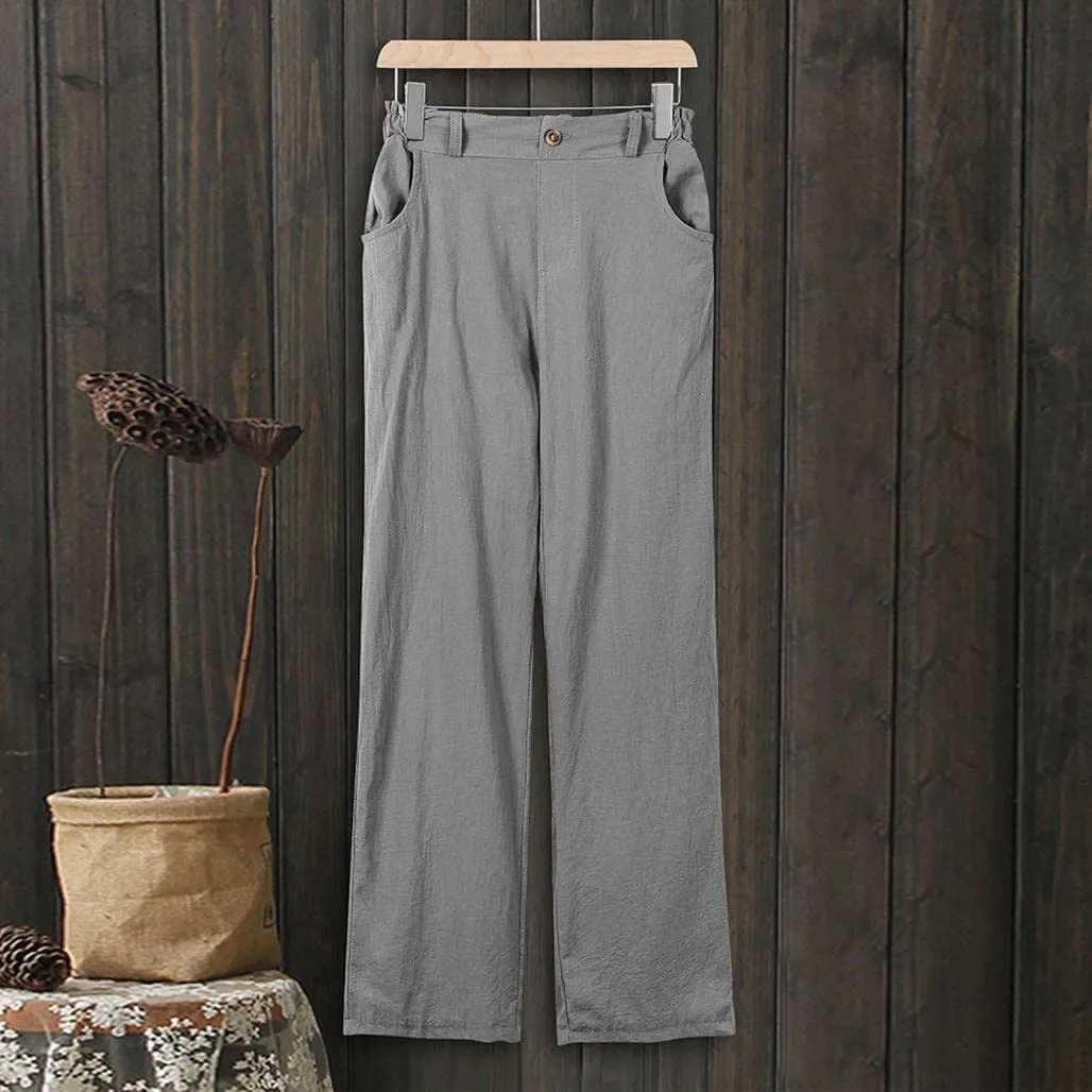 FashionSierra - Linen Buttons Cropped Pants High Elastic Waist Stretch Capris Casual Work Crop Pants