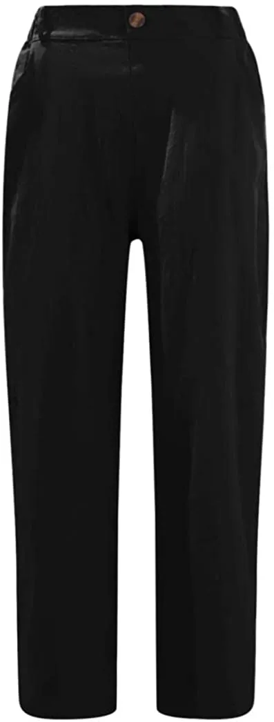 FashionSierra - Linen Buttons Cropped Pants High Elastic Waist Stretch Capris Casual Work Crop Pants