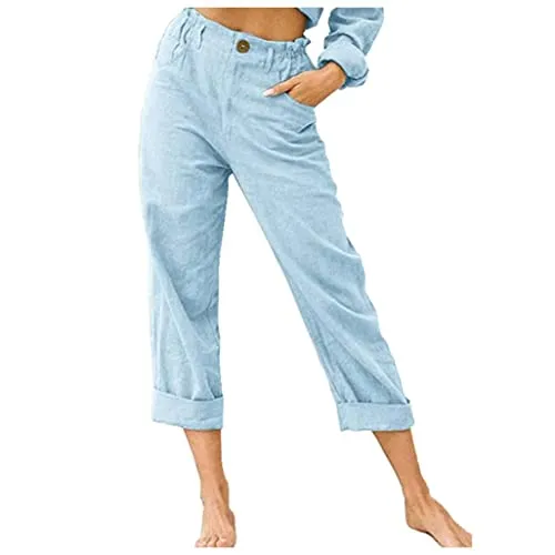 FashionSierra - Linen Buttons Cropped Pants High Elastic Waist Stretch Capris Casual Work Crop Pants