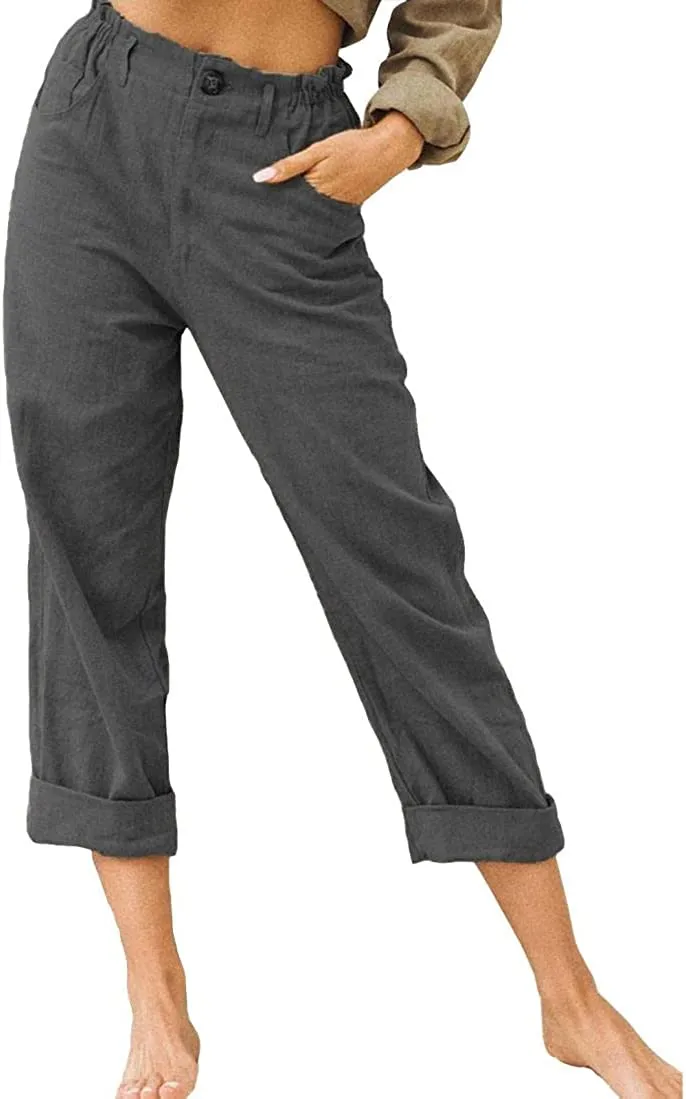 FashionSierra - Linen Buttons Cropped Pants High Elastic Waist Stretch Capris Casual Work Crop Pants
