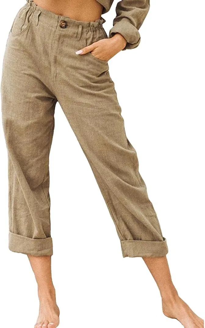 FashionSierra - Linen Buttons Cropped Pants High Elastic Waist Stretch Capris Casual Work Crop Pants