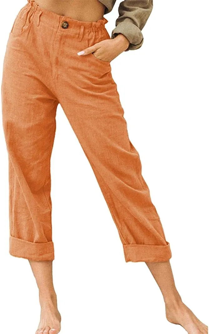 FashionSierra - Linen Buttons Cropped Pants High Elastic Waist Stretch Capris Casual Work Crop Pants