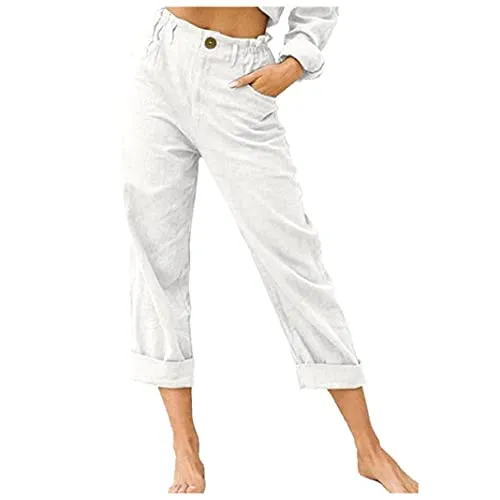 FashionSierra - Linen Buttons Cropped Pants High Elastic Waist Stretch Capris Casual Work Crop Pants