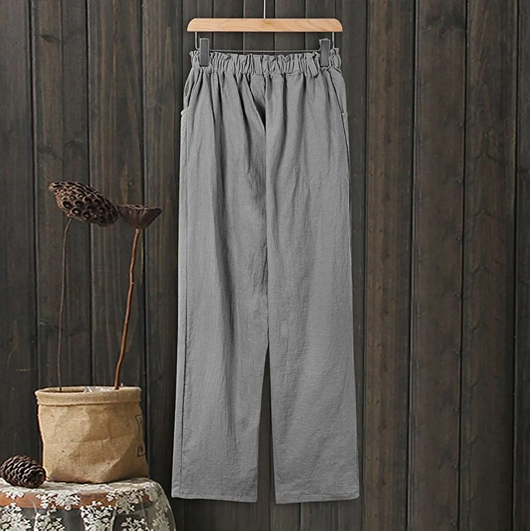 FashionSierra - Linen Buttons Cropped Pants High Elastic Waist Stretch Capris Casual Work Crop Pants