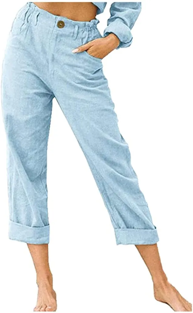 FashionSierra - Linen Buttons Cropped Pants High Elastic Waist Stretch Capris Casual Work Crop Pants