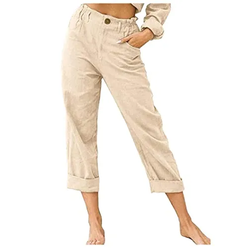 FashionSierra - Linen Buttons Cropped Pants High Elastic Waist Stretch Capris Casual Work Crop Pants