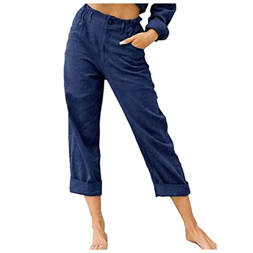 FashionSierra - Linen Buttons Cropped Pants High Elastic Waist Stretch Capris Casual Work Crop Pants