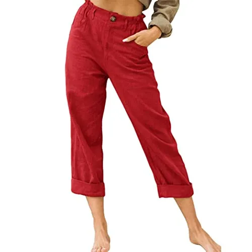 FashionSierra - Linen Buttons Cropped Pants High Elastic Waist Stretch Capris Casual Work Crop Pants