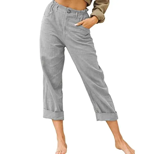 FashionSierra - Linen Buttons Cropped Pants High Elastic Waist Stretch Capris Casual Work Crop Pants