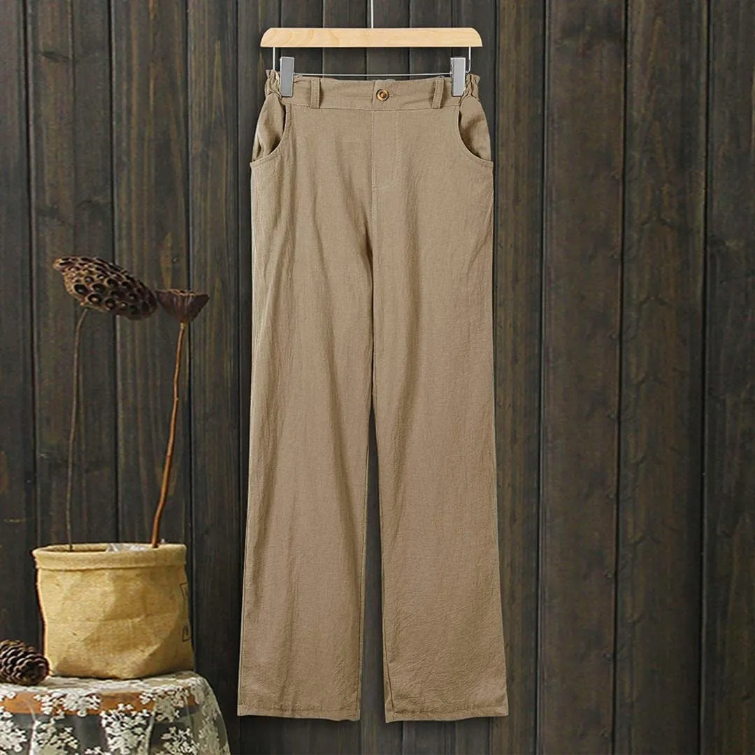 FashionSierra - Linen Buttons Cropped Pants High Elastic Waist Stretch Capris Casual Work Crop Pants