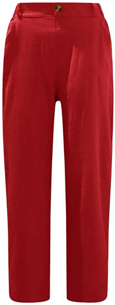 FashionSierra - Linen Buttons Cropped Pants High Elastic Waist Stretch Capris Casual Work Crop Pants