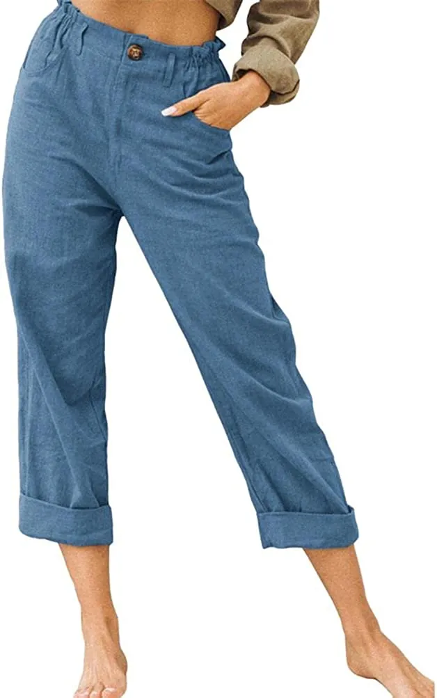 FashionSierra - Linen Buttons Cropped Pants High Elastic Waist Stretch Capris Casual Work Crop Pants