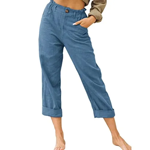 FashionSierra - Linen Buttons Cropped Pants High Elastic Waist Stretch Capris Casual Work Crop Pants