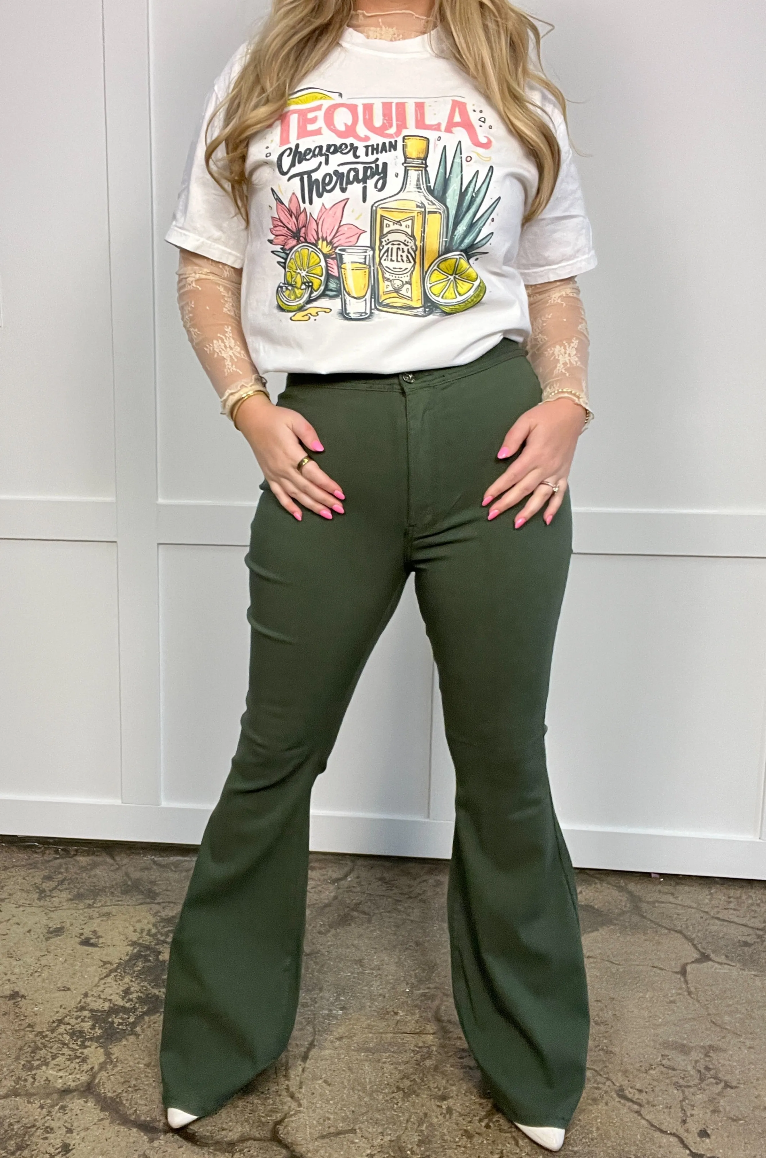 Fiona High Waisted Bell Bottom Flare Jeans - Olive