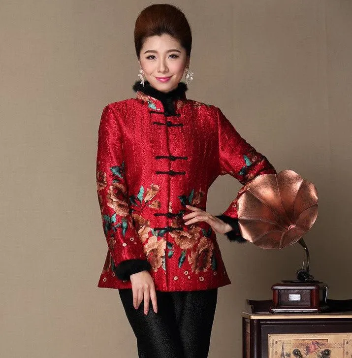 Floral Silk & Linen Chinese Style Women's Wadded Coat with Strap Buttons