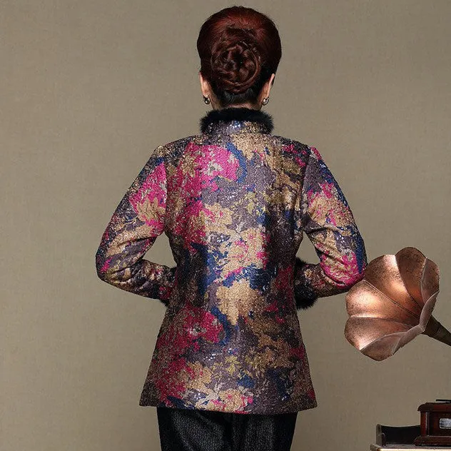 Floral Silk & Linen Chinese Style Women's Wadded Coat with Strap Buttons